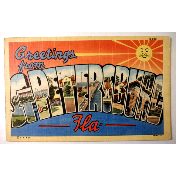 Greetings From St Petersburg Florida Large Big Letter Linen Postcard Beach Town - Picture 1 of 2